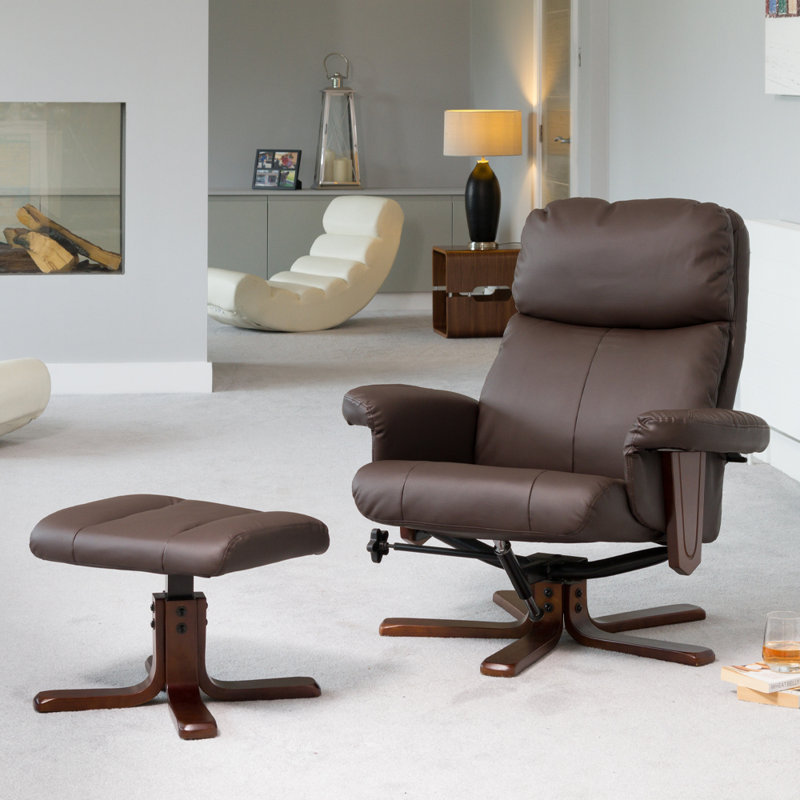 Robillard 88cm Wide Faux Leather Swivel Ergonomic Recliner with Massager, Brown