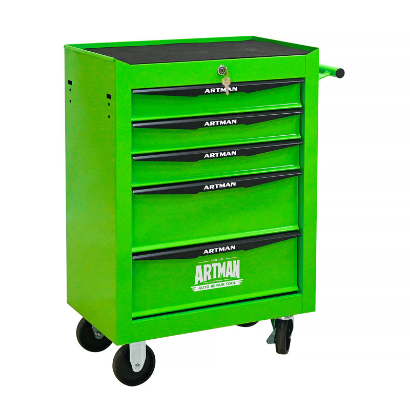 Coffre à outils roulant en métal à 5 tiroirs avec glissières à roulement à billes, armoire de rangement en acier verrouillable et mobile pour l'organisation de l'atelier.