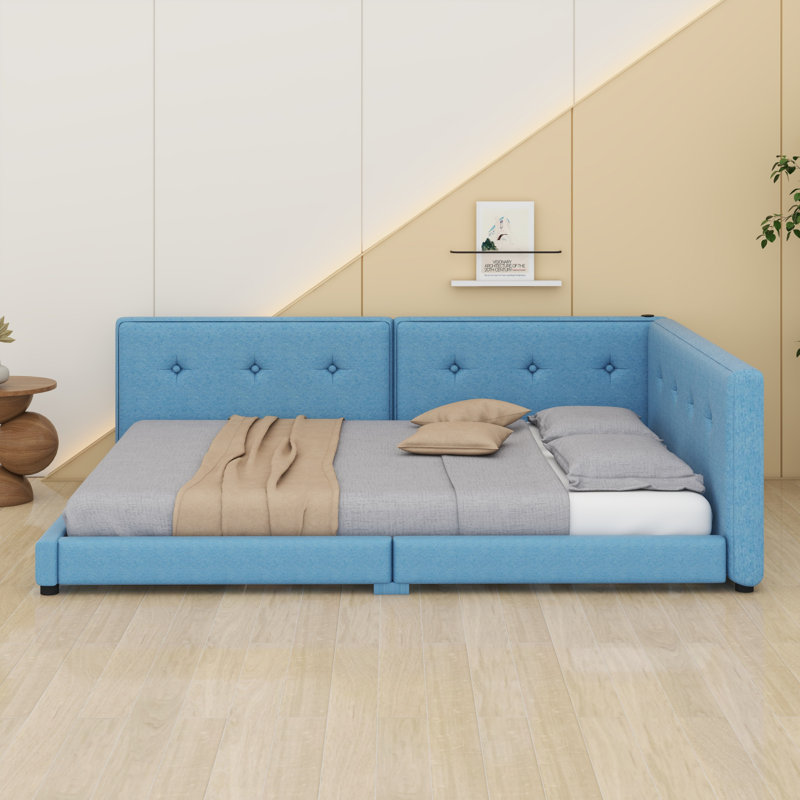 Lit plateforme tapissier avec ports USB, Bleu, Grand lit