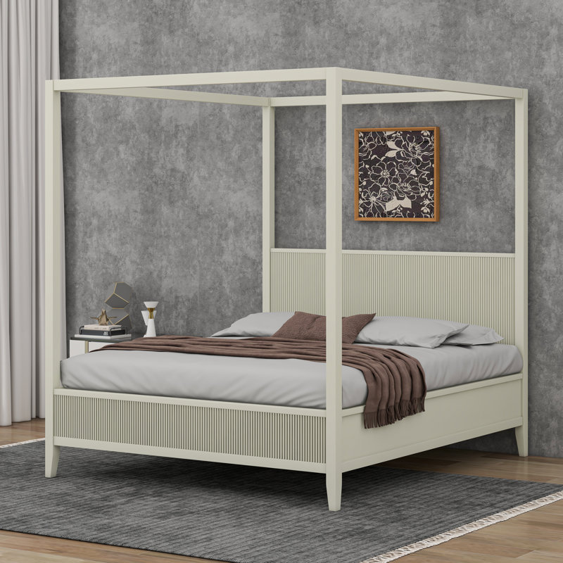 Cadre de lit à baldaquin avec tête de lit, lit plateforme en bois à 4 affiches de style Mid-Century avec support en lattes de bois