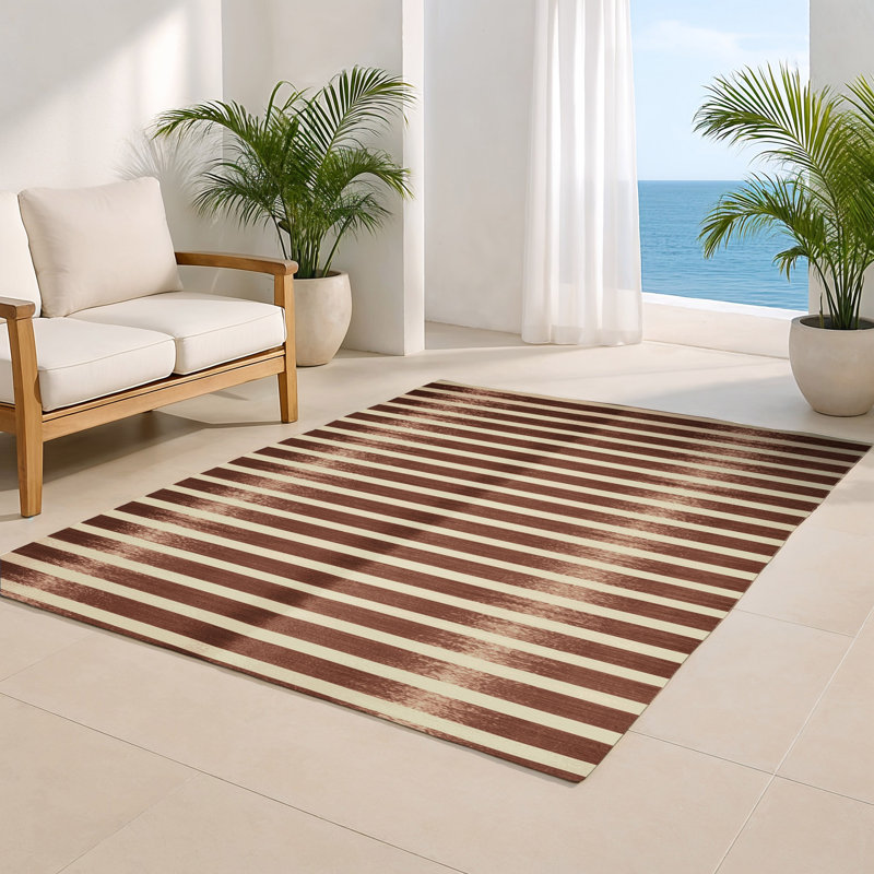 Tapis intérieur / extérieur brun HorizontalStripes, Rectangulaire 8 pi x 10 pi