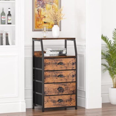 Night Stand, Tall 4 Drawers Dresser For Bedroom, Hallway, Nursery, Closet Organizer, Nightstand Bedside Table Furniture, Vertical Storage Tower Fabric, Sturdy Steel Frame, Wood Top