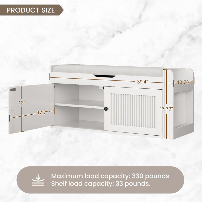 Banc de rangement pour chaussures 39,4 po, banc de rangement avec support latéral, banc de rangement pour chaussures avec coussin supérieur pour chambre à coucher, salon et entrée, blanc