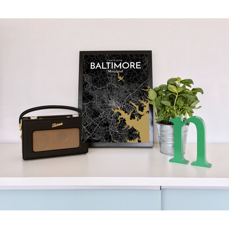 «Baltimore City Map», reproduction d'impression sur affiche en noir, H 36 po x l 24 po