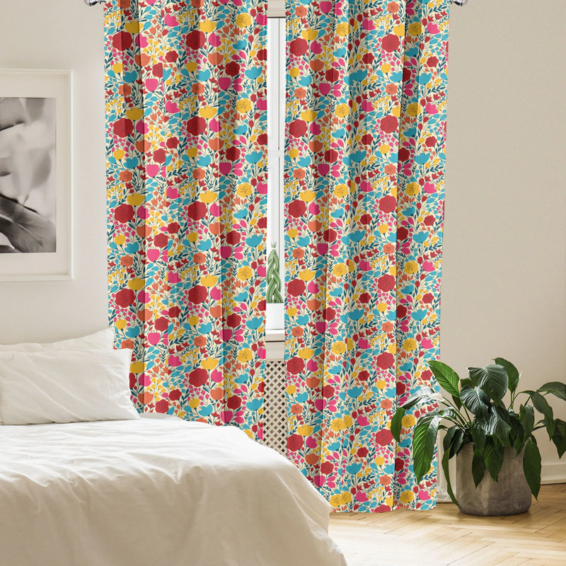 Colorful Floral Multicolor Polyester Rod Pocket Curtain Panels