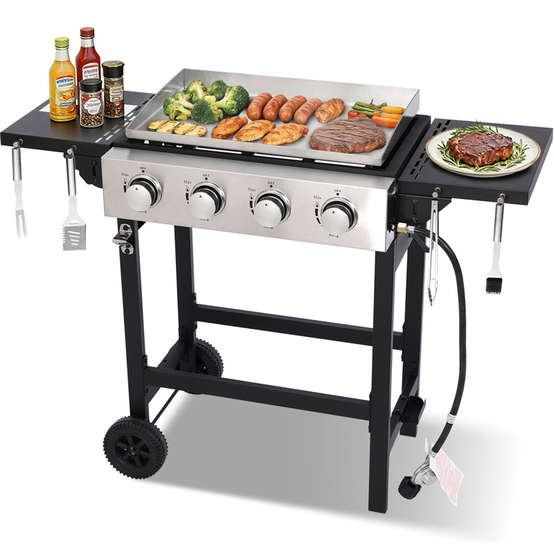 Plaque de cuisson au propane à 4 brûleurs, plaque chauffante pour barbecue, plaque de cuisson extérieure au gaz avec tables d'appoint pliables, roues - capacité de production de 40 000 BTU, surface de cuisson de 291 pieds carrés, pour barbecue de patio, cour arrière, barbecue