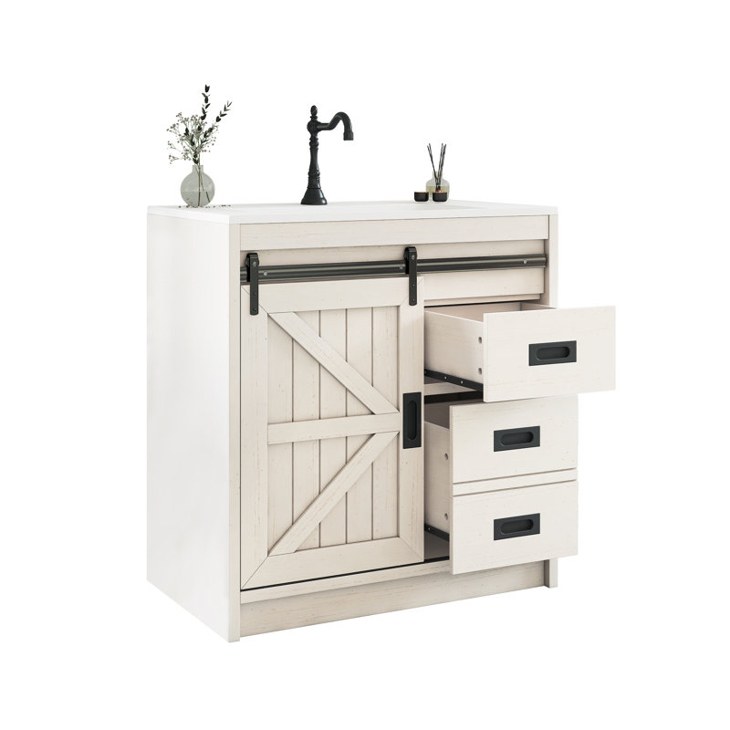 31" Sliding Barn Door Bathroom Vanity with Sink,  Farmhouse Small Single Bathroom Vanity Set, White