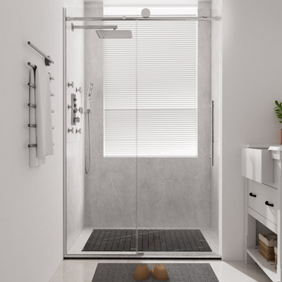 44"-48" W x 76" H Reversible Frameless Single Sliding Shower Door with 3/8" Clear Tempered Glass