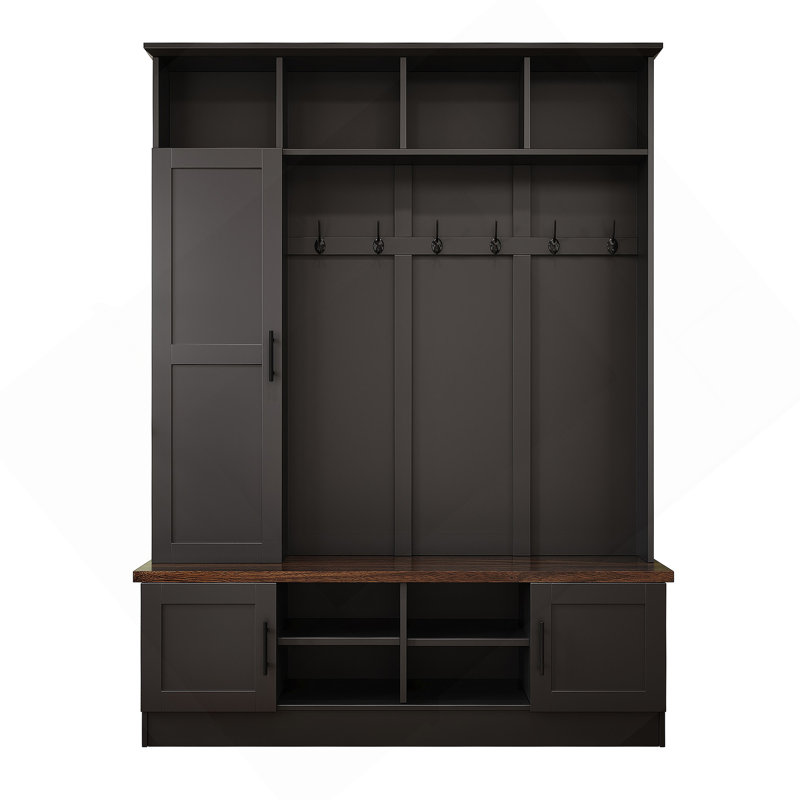 Versatile 3-In-1 Hall Tree With 6 Hooks, Farmhouse Walnut Storage Bench With Adjustable Shelves, 55"W Entryway Coat Rack With Multiple Storage Space For Mudroom, Hallway, Black