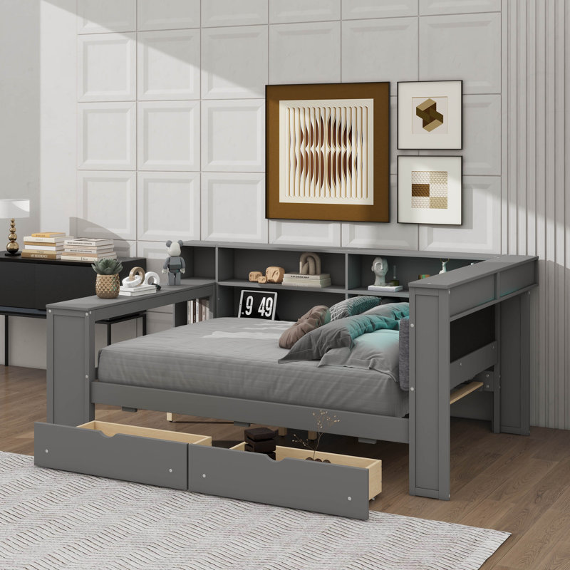 Wood Full-Size Platform Bed With Storage, Charging Station, LED, Desk, And Upholstered Headboard, Gray