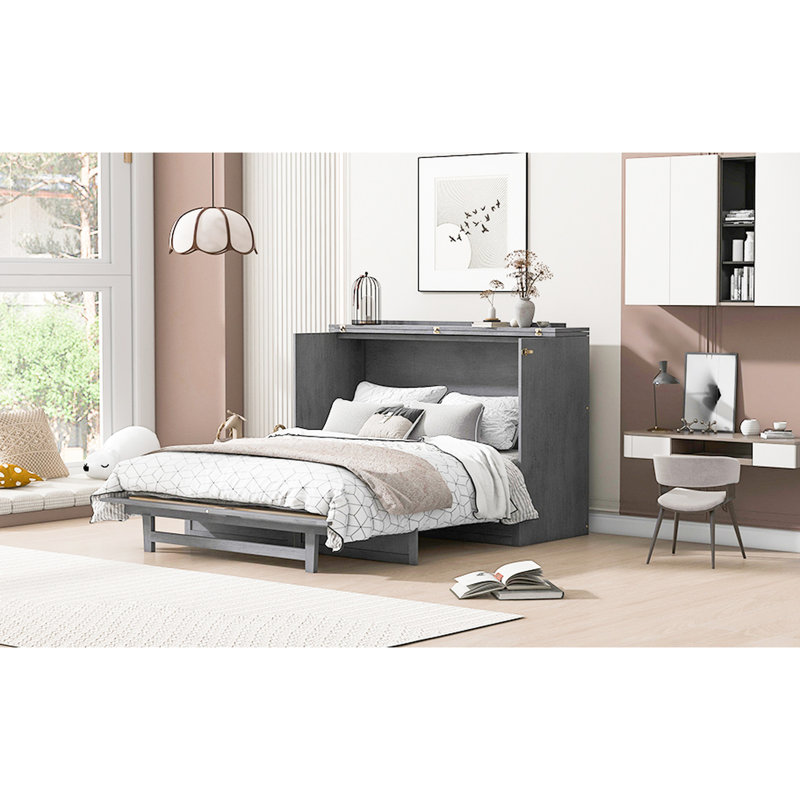 Grand lit avec grands tiroirs et ports, gris brossé. Conception pliable pour un rangement pratique et spacieux. Améliorez l'ambiance de votre chambre à coucher