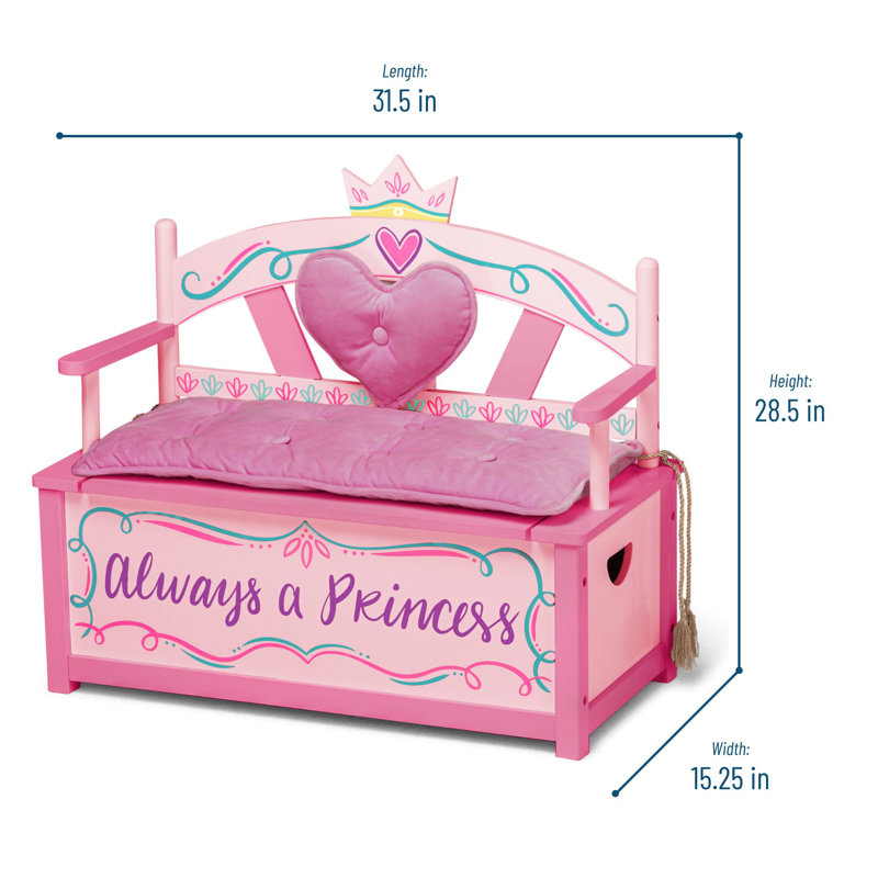 Banc de rangement en bois Wildkin Kids Princess, H 28 po x l 32 po x P 13 po, Rose / Mauve