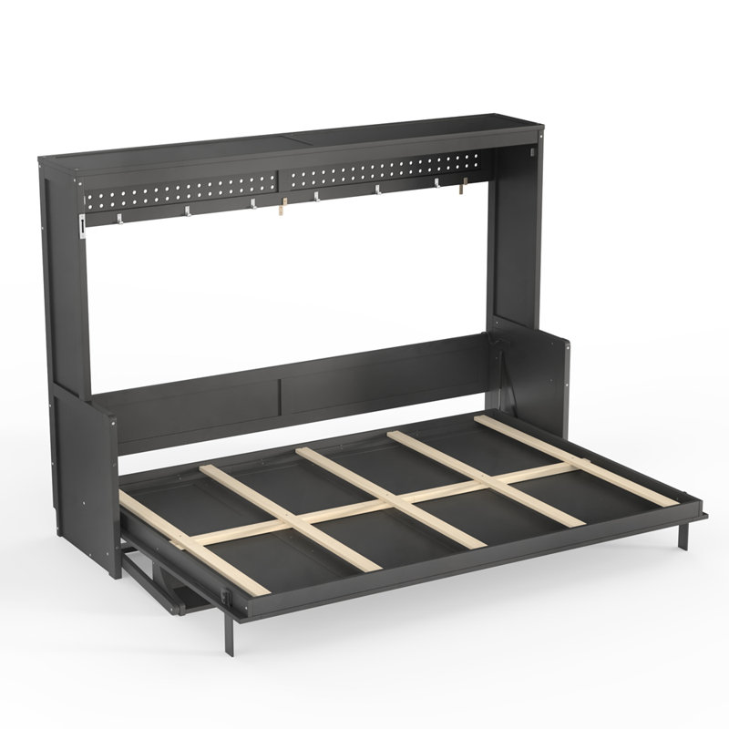 Grand lit escamotable avec bureau, station de charge USB, lumières DEL, gris foncé, Grand lit, Gris foncé