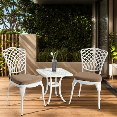 Ensemble bistro 3 pièces en fonte d'aluminium - 2 chaises et 1 table ronde avec coussin blanc pour le jardin, matériaux, patio facile à installer, porche à assembler