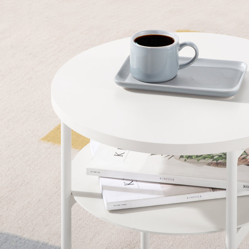 White Round Alloy Steel End Table with Storage Shelf