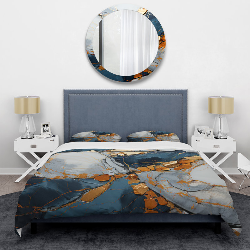 Marbre doré et bleu, art liquide abstrait - ensemble de housse de couette à encre liquide abstraite