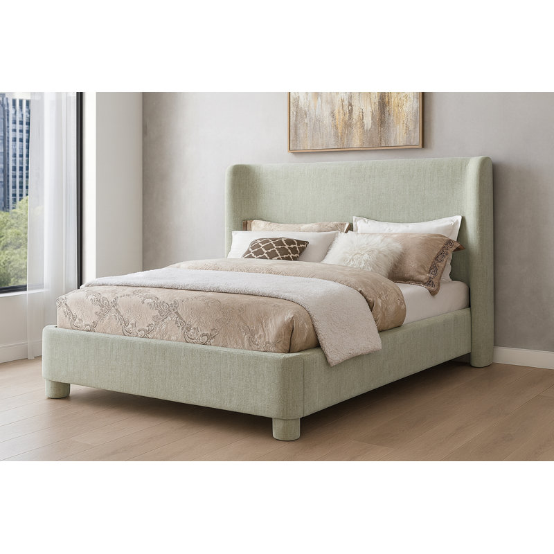 Lit à panneau tapissier Hridhaan, Double, Tissu chenille vert olive