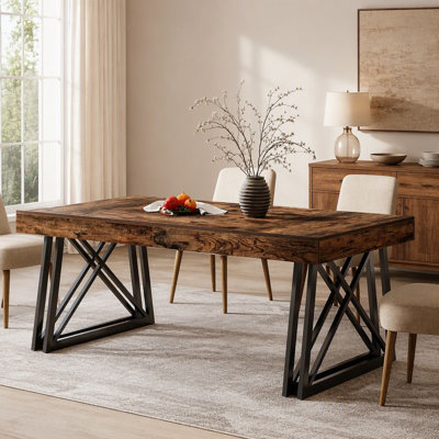 63″ Farmhouse Dining Table for 4 to 6, Rectangular Kitchen Table with Wood Grain Top and Sturdy Metal Legs, Dining Rooms