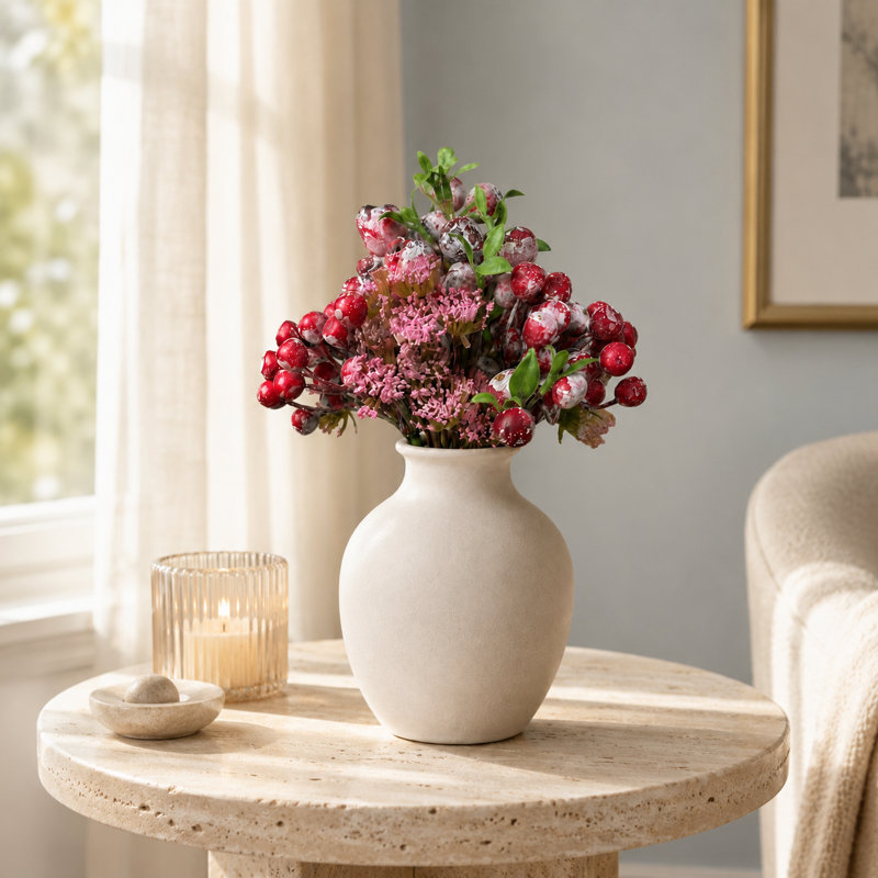 Bouquet de fleurs de baies artificielles rouges avec verdure, fausses tiges florales réalistes pour vase, centre de table de Noël
