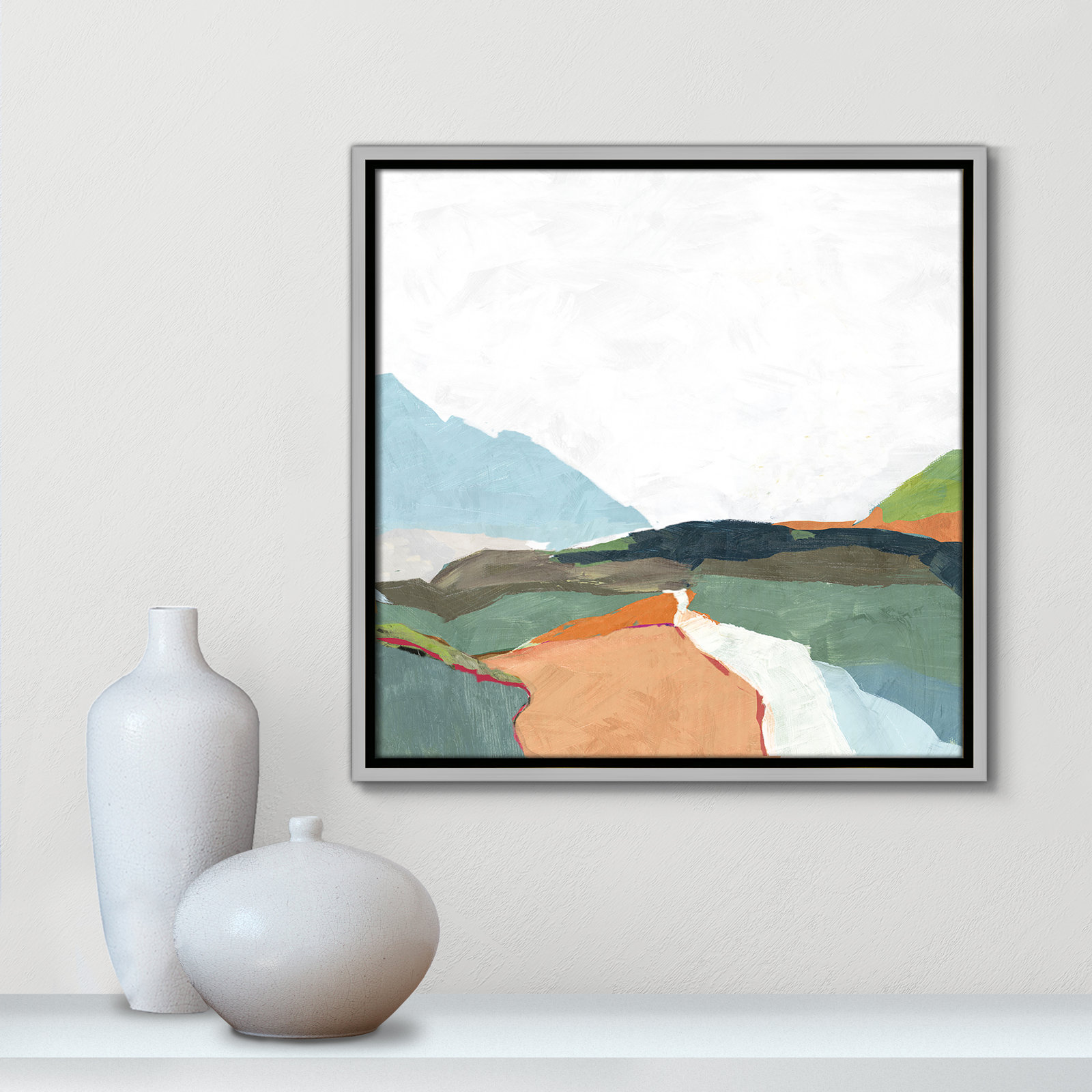 April Morning - Floater Frame Painting on Canvas, 17.5" H x 17.5" W, Silver