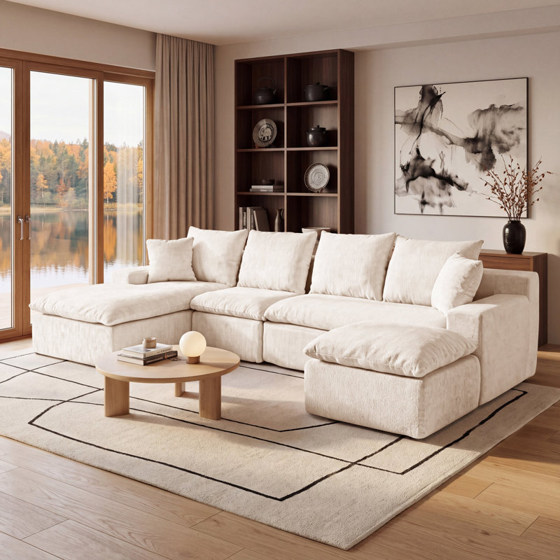Canapé modulaire en U 118,1 po, canapé modulaire en chenille avec ressorts ensachés, sièges rembourrés à assise profonde modernes pour le salon, pas de rouleau de montage