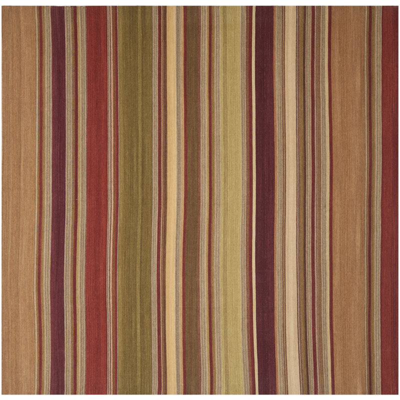 Tapis rayé en laine / coton Basler Kilim brun / vert / beige tissé à la main, Carré 7 pi