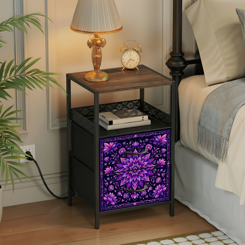 Table de chevet 2 tiroirs avec station de charge, table de chevet pour chambre avec ports USB et amp; Tablette ouverte Outlets - noir