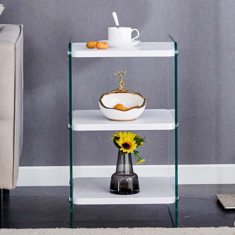 Tables de bout, plateau en bois avec autocollants, pieds en verre trempé, Blanc