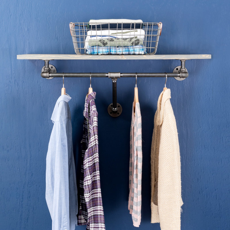Rustic Pipe Wardrobe Rack Kit with Wood Shelf, Riverstone Gray, 18" H x 24" W x 12" D