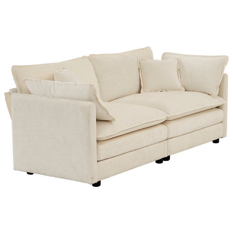 Design en chenille beige - 2 avec 4 coussins, structure en bois, revêtement supérieur, soutien solide et contemporain de coin et 2 coussins de siège rembourrés doux