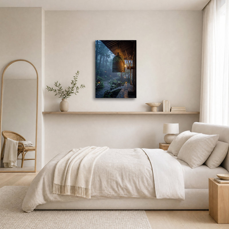 Cloche en bronze suspendue dans une forêt brumeuse, art mural, H 24 po x l 16 po