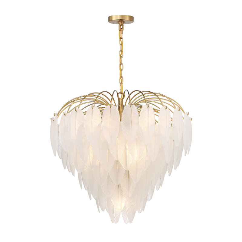 Luxurious Warm Brass 9-Light Chandelier with Frosted Glass Feathers
