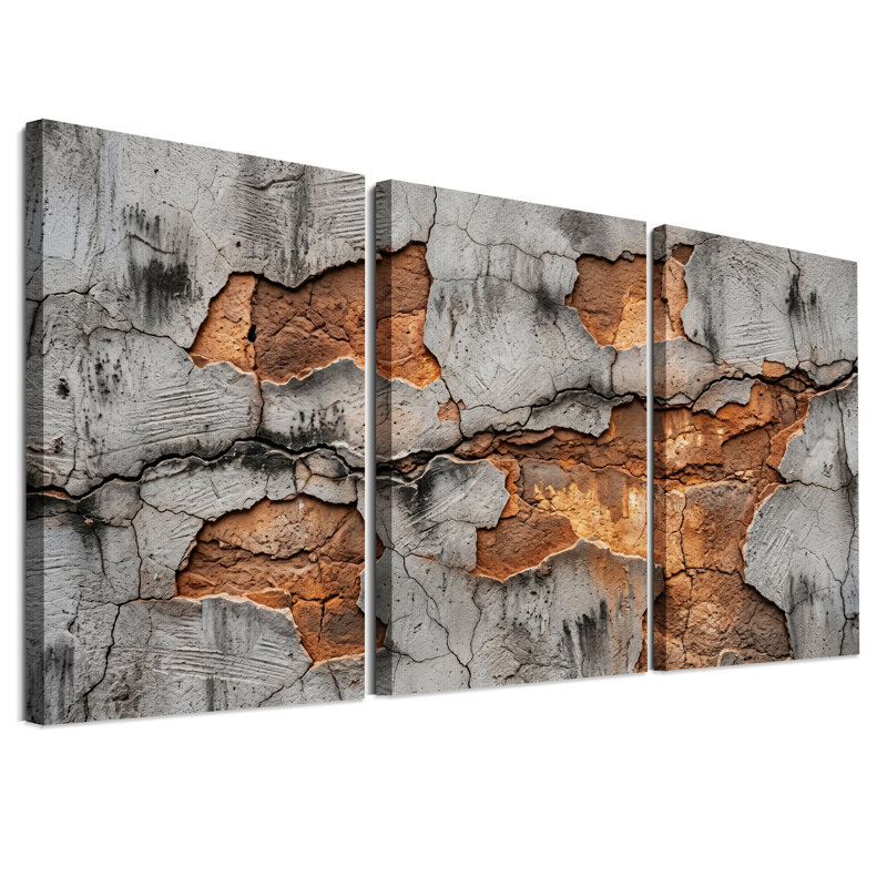 Ensemble de 3 toiles murales représentant de la peinture grise écaillée sur du plâtre en terre cuite, 30"H x 20"W x 3pcs
