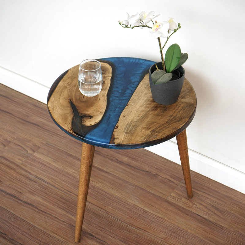 Jossa Epoxy River Wooden End Table – Modern Small Side Table for Living Room & Bedroom, Blue/Brown