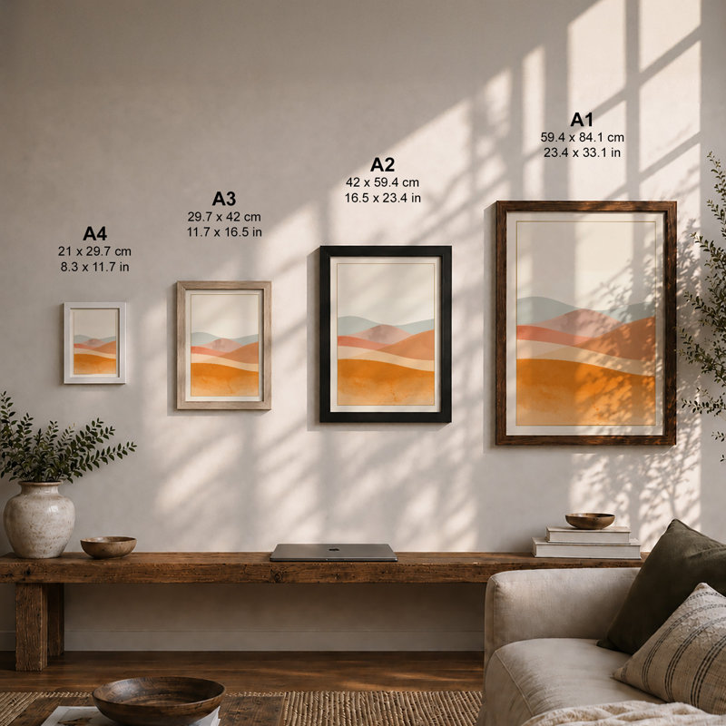 Desert Layers at Dawn Minimalist - Framed Print, A2 - 59.4 x 42.0 cm, Oak