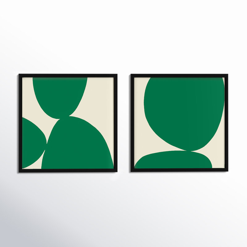 Green Ink. Set Of 2 Painting by Lee Lessem, Black Framed, 16" H x 16" W x 1.25" D