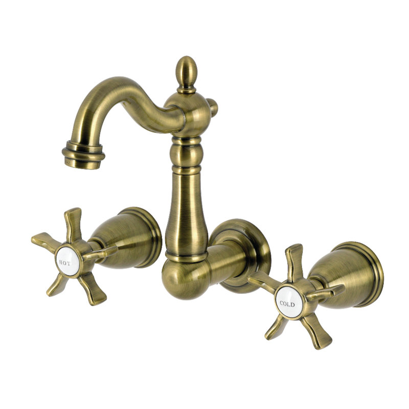 Kingston Brass Hamilton Double-Handle 3-Hole Wall Mount Bathroom Faucet, Antique Brass