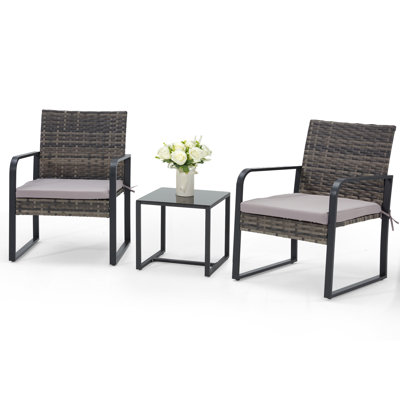 3 Piece Patio Bistro Rattan Chair With Cushions & Round Arm And Coffee Table Set