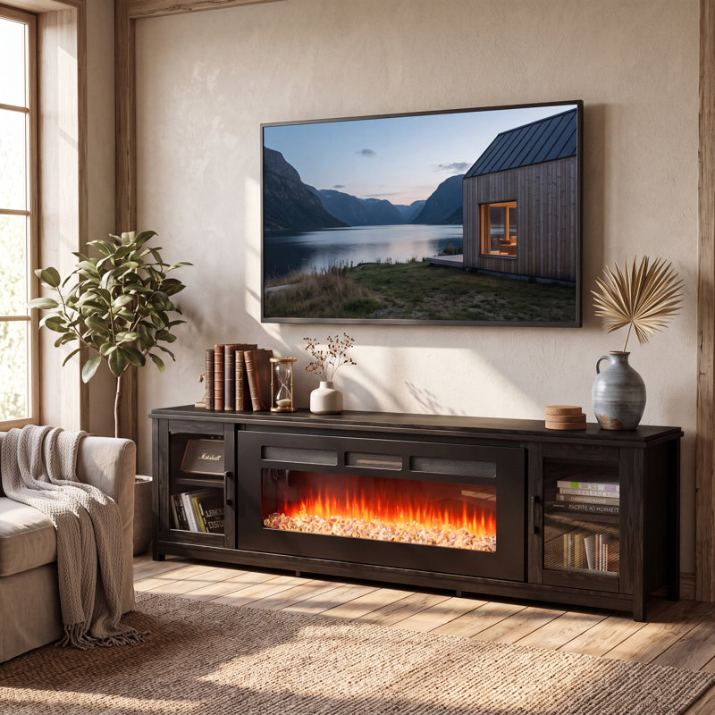 Philmont 80" TV Stand for TVs up to 90" with Electric Fireplace Included, Black