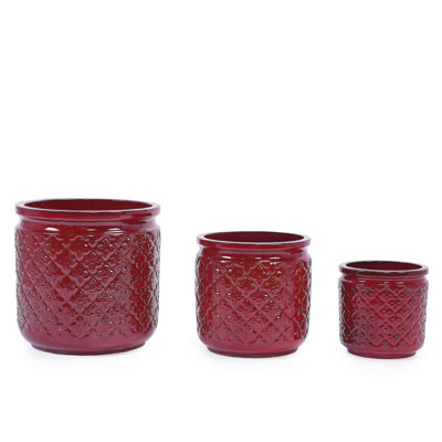 Ensemble de pots à fleurs en céramique fait à la main de 3, 15/12/9 pouces de diamètre, motif de losanges bourgogne, pour orchidées et plantes d'intérieur, pour fenêtre et bibliothèque, argile respirante