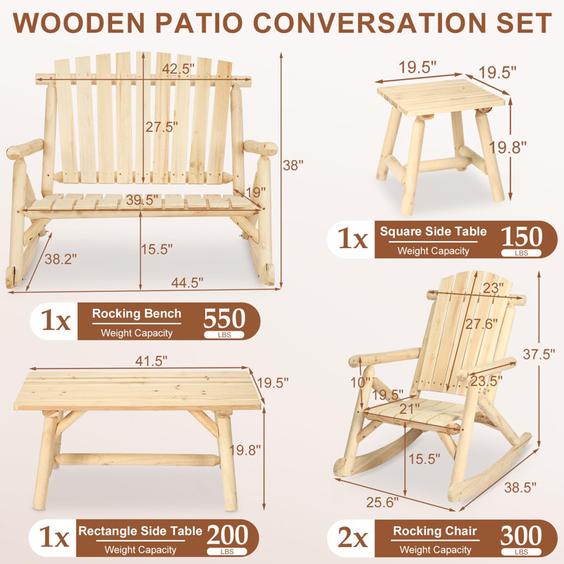 Ensemble de conversation à bascule en bois 5 pièces Union Rustic