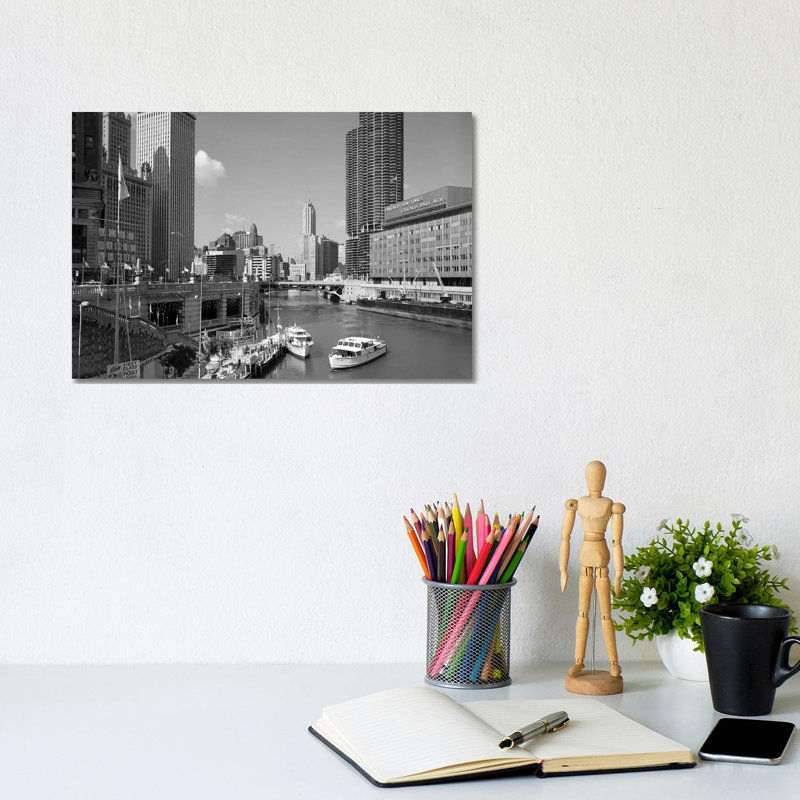 1960s Chicago River From Michigan Avenue Sun Times Building On Right And Boats In River by Vintage Images - Wrapped Canvas Print
