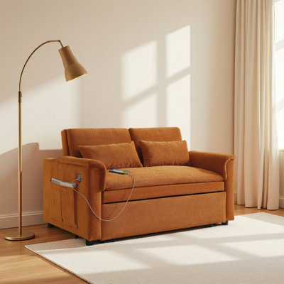 Canapé-lit coulissant à deux places en velours de 55 po, dossier réglable avec ports USB, deux poches latérales, canapé-lit convertible 3 en 1, causeuse moderne, 2 coussins pour le salon