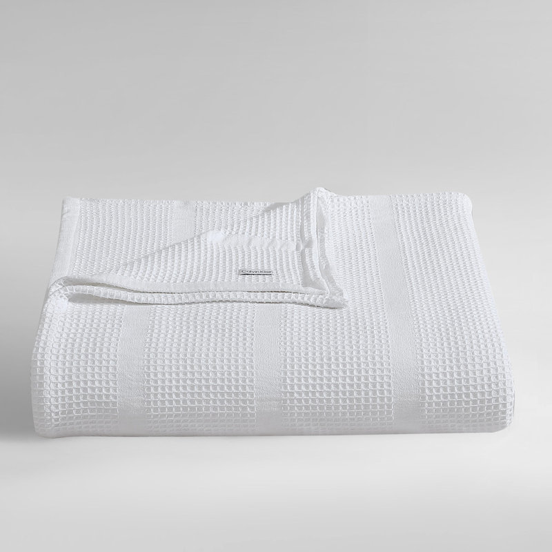 Calvin Klein Waffle Stripe Cotton Reversible Blanket, White, Queen