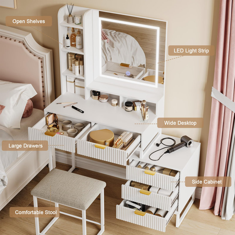 Bureau de coiffeuse blanc, ensemble de coiffeuse avec miroir et lumières réglables, coiffeuse 5 tiroirs, Blanc