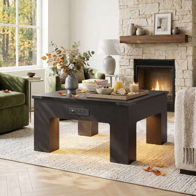 ‌Living Room Square Coffee Table With Built-In Charging Station & LED Lights - Modern Center Table For Dining, Reception & Family Spaces‌