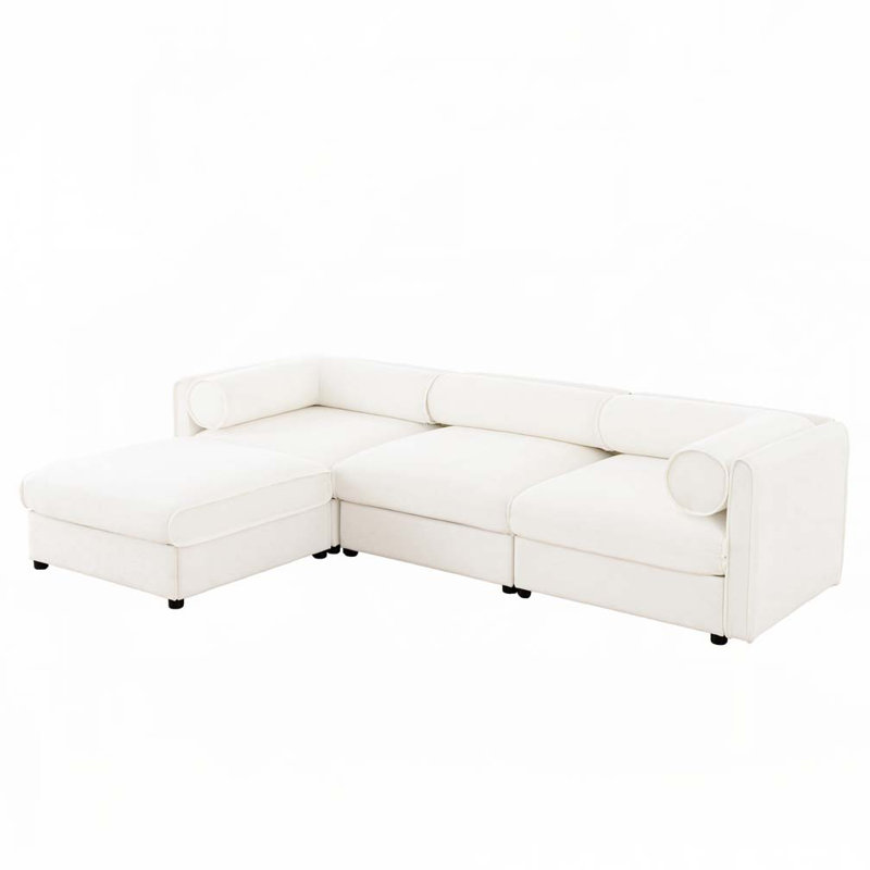Canapé en chenille avec repose-pieds en tissu, H 27,9 po x l 109 po x P 37,40 po, 3, Blanc