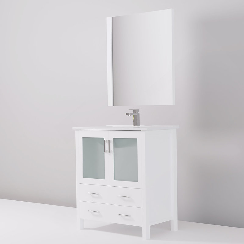 Meuble-lavabo de salle de bain D, dessus en céramique, ensemble de robinet, et po Miroir, Blanc, 30.05"
