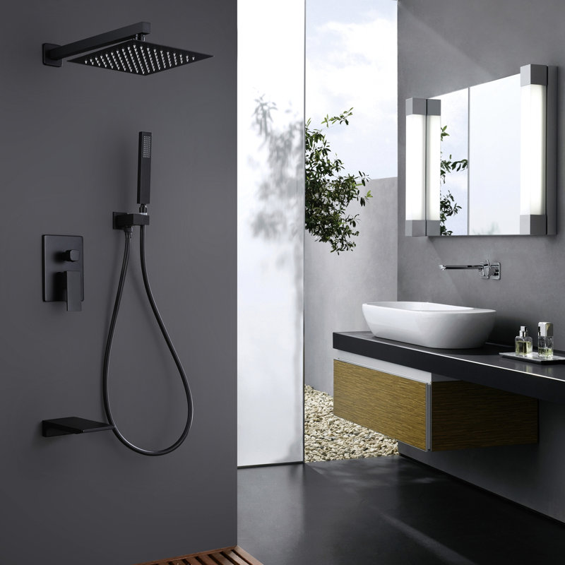 Robinet de douche mural 10 po noir mat avec système de robinet carré