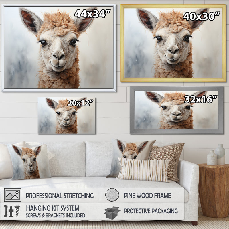 Beige Alpaca Portrait II, reproduction d'art sur toile, H 12 po x l 20 po x P 1 po, Cadre photo noir